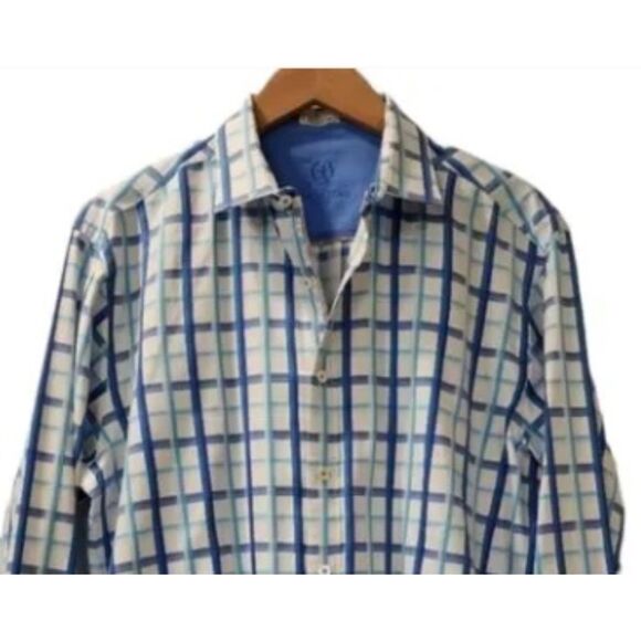 Bugatchi Shirt Mens Large Plaid Blue Flip Cuff Shaped Fit Button Up Casual - Picture 1 of 7